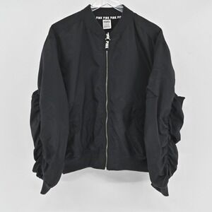 PINK Victorias Secret Jacket Womens Sz S Black Ruched Sleeve Varsity Logo Bomber